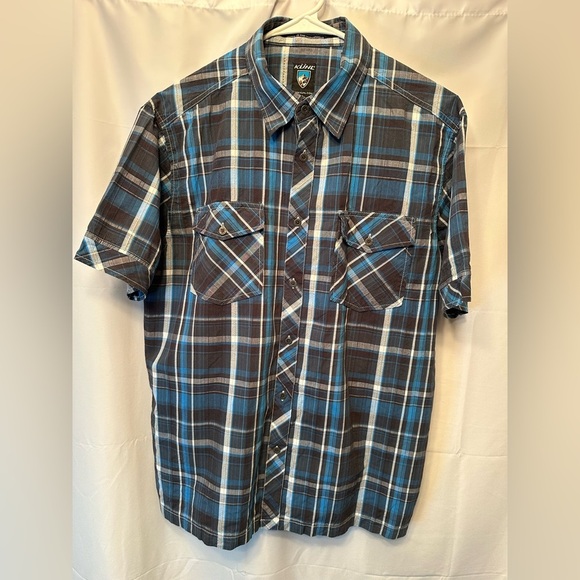 Kuhl Mens Blue Gray Plaid Short Sleeve Active Casual Suncel Button Shirt Size L - Picture 1 of 10
